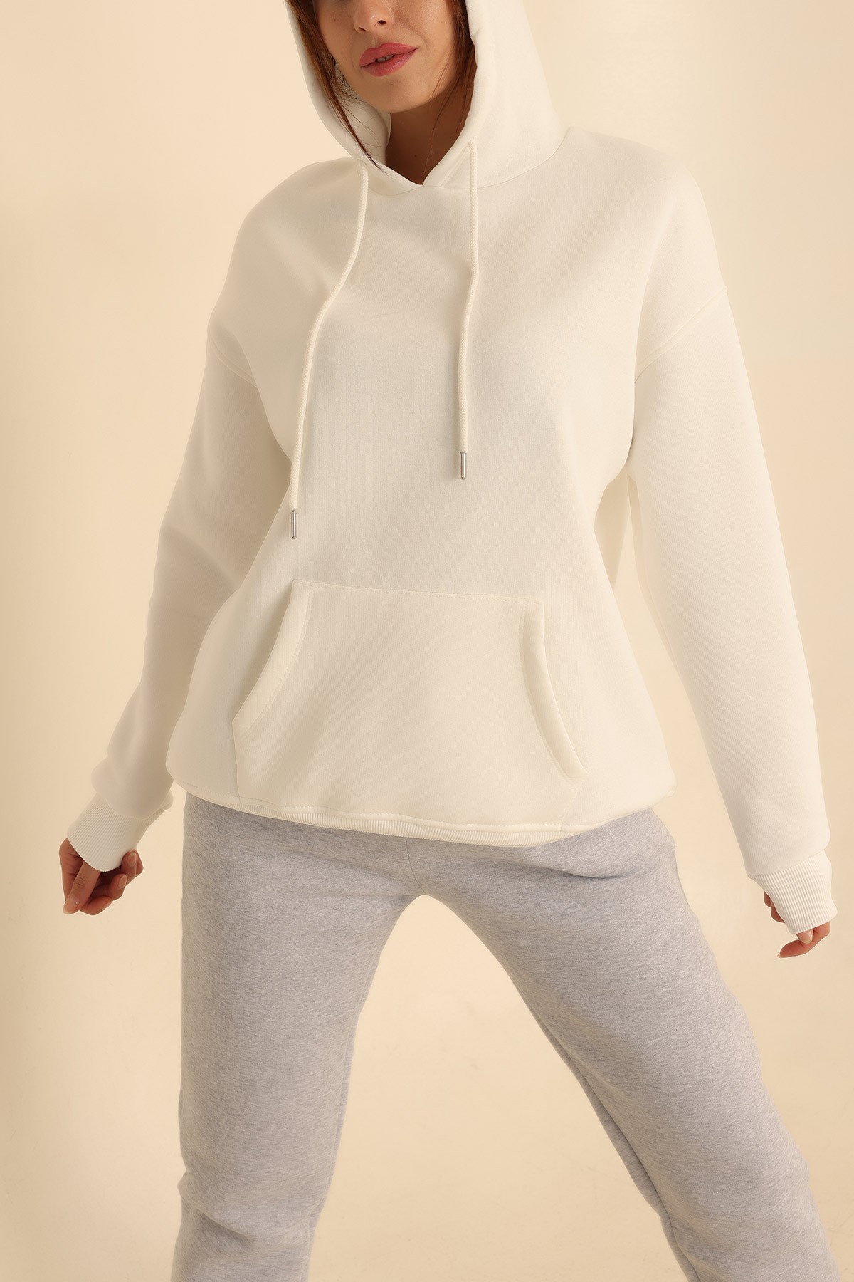 Beyaz İçi Şardonlu Kanguru Cep Sweat 207841