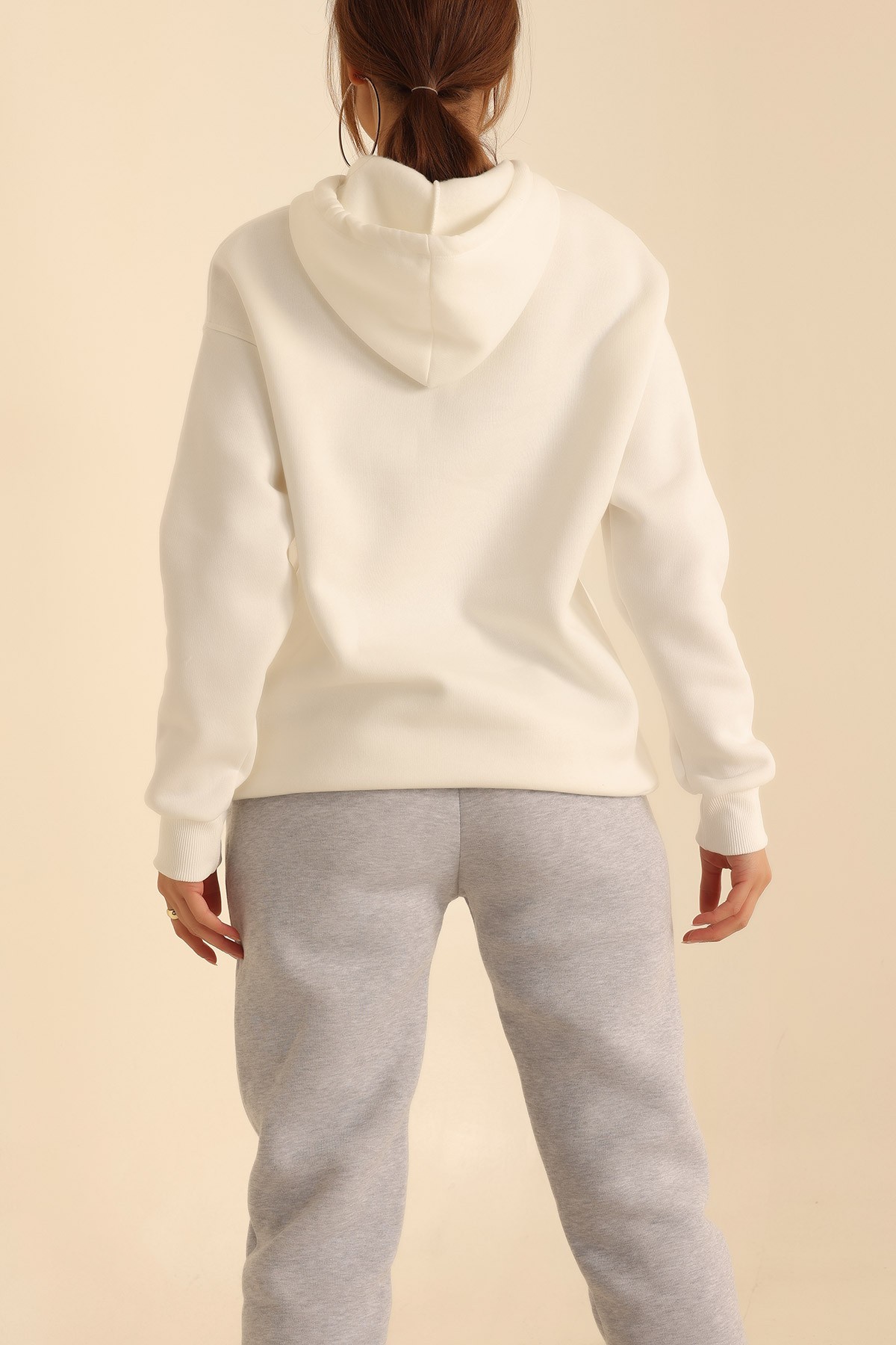Beyaz İçi Şardonlu Kanguru Cep Sweat 207841