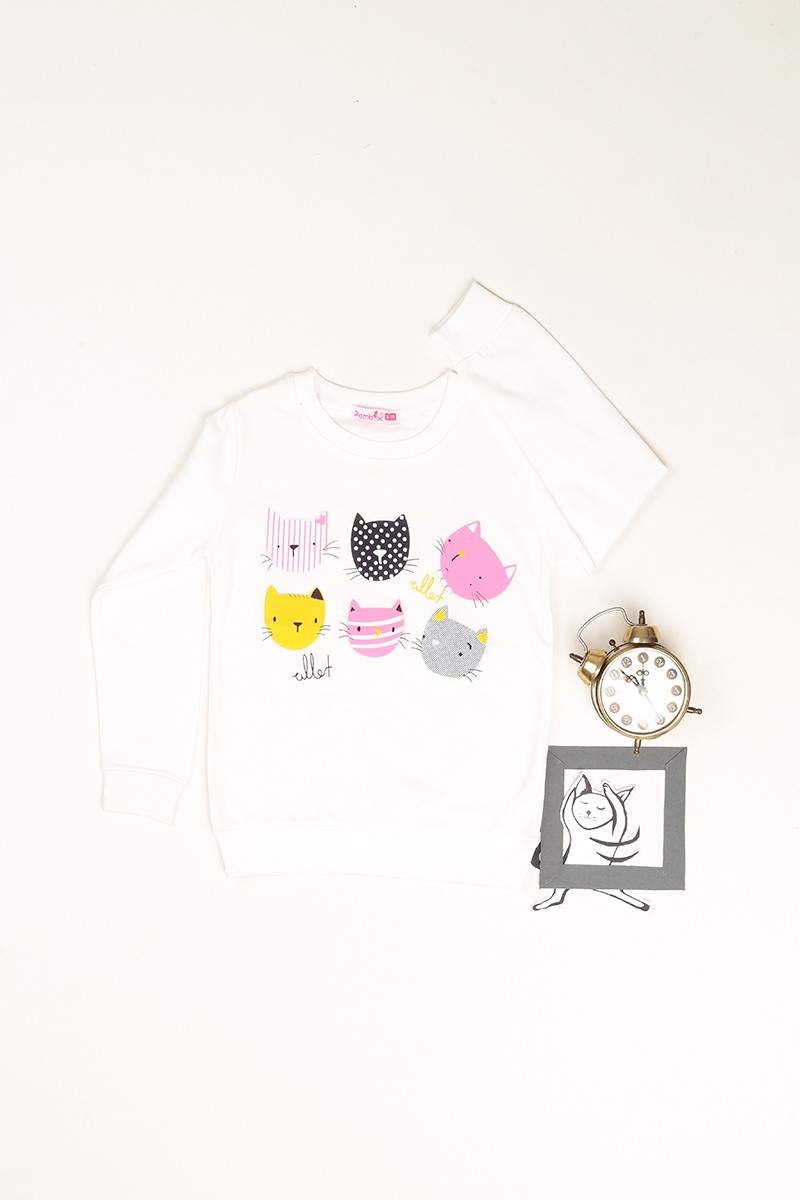 Beyaz içi Şardonlu Kedi Baskılı Kız Çocuk Sweat 81107