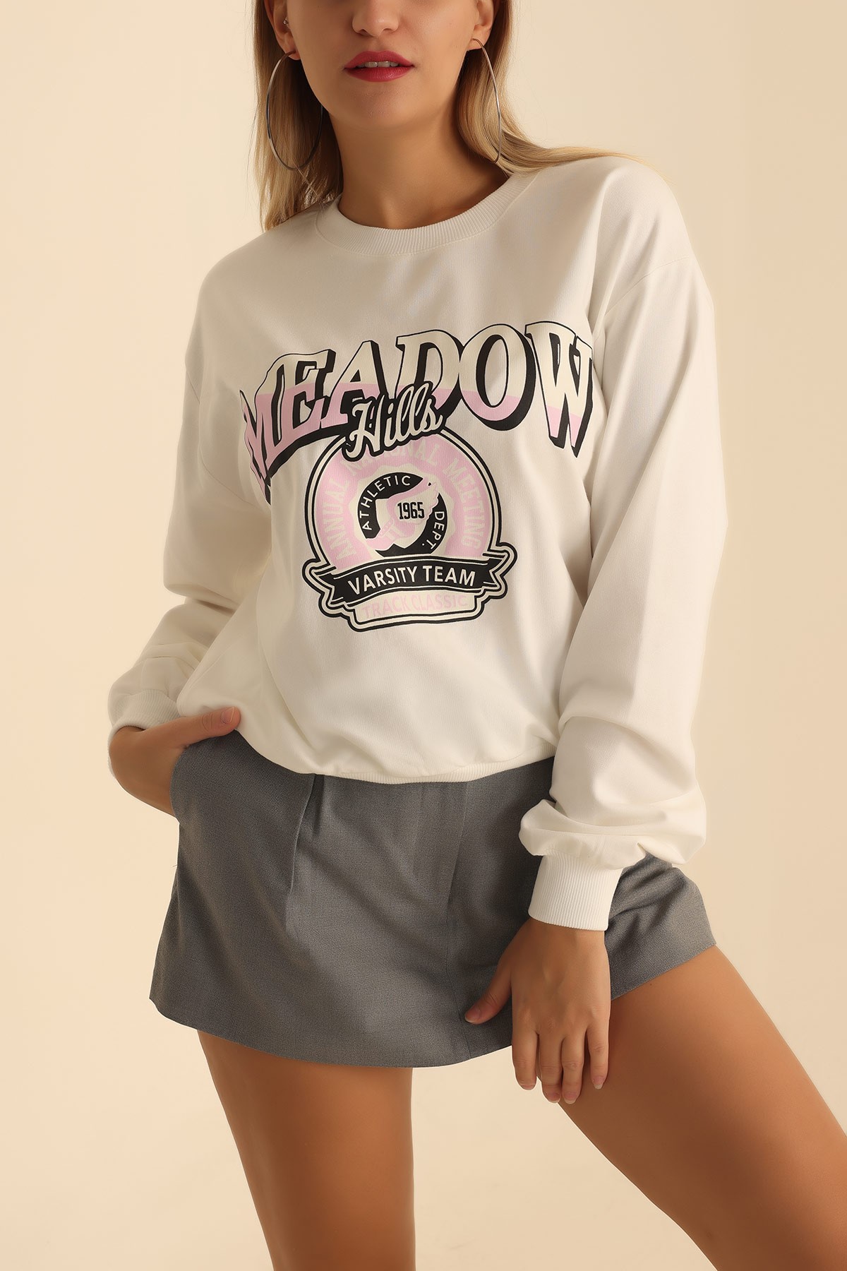 Beyaz İki İp Baskılı Bayan Sweat 201638