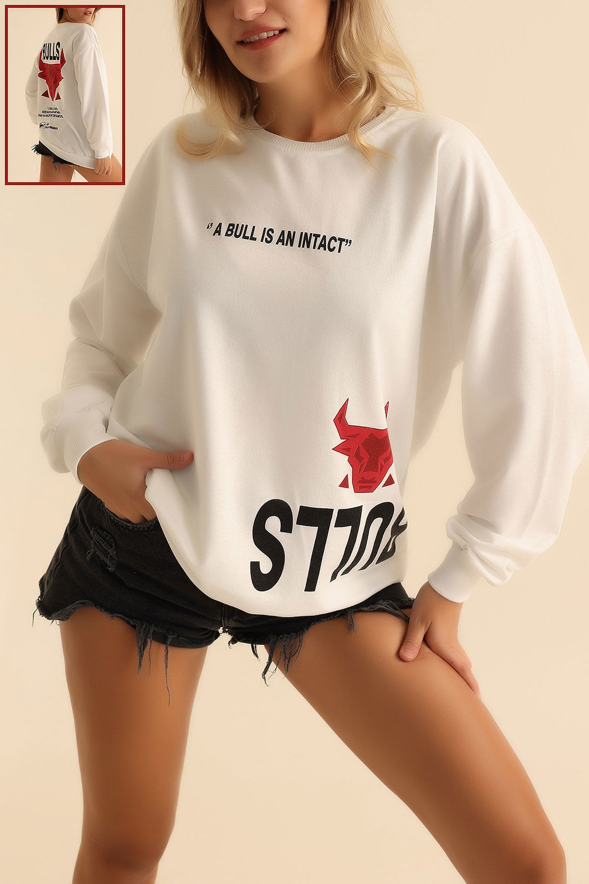 Beyaz İki İp Baskılı Oversize Sweat 199634