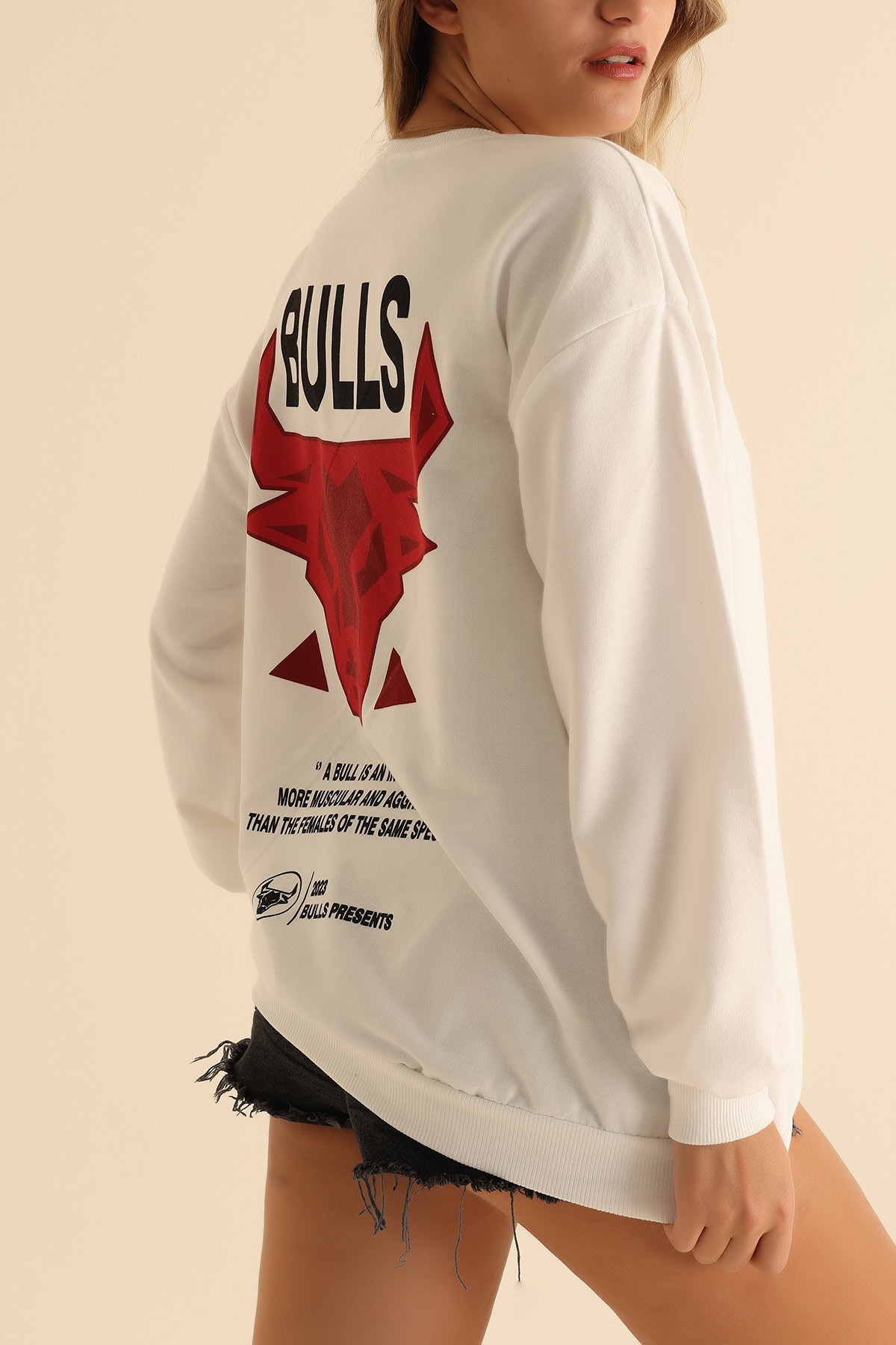 Beyaz İki İp Baskılı Oversize Sweat 199634