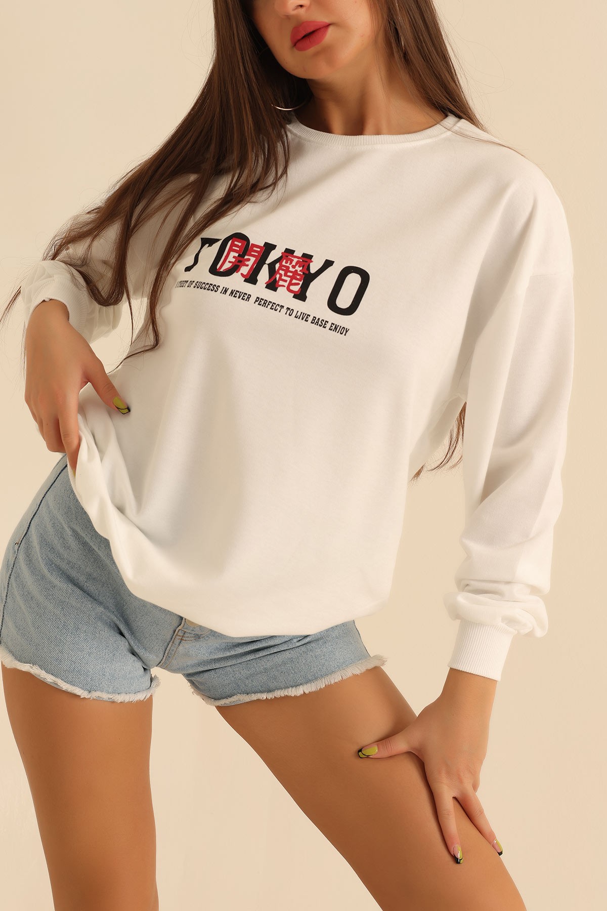 Beyaz İki İp Baskılı Oversize Sweat 199637