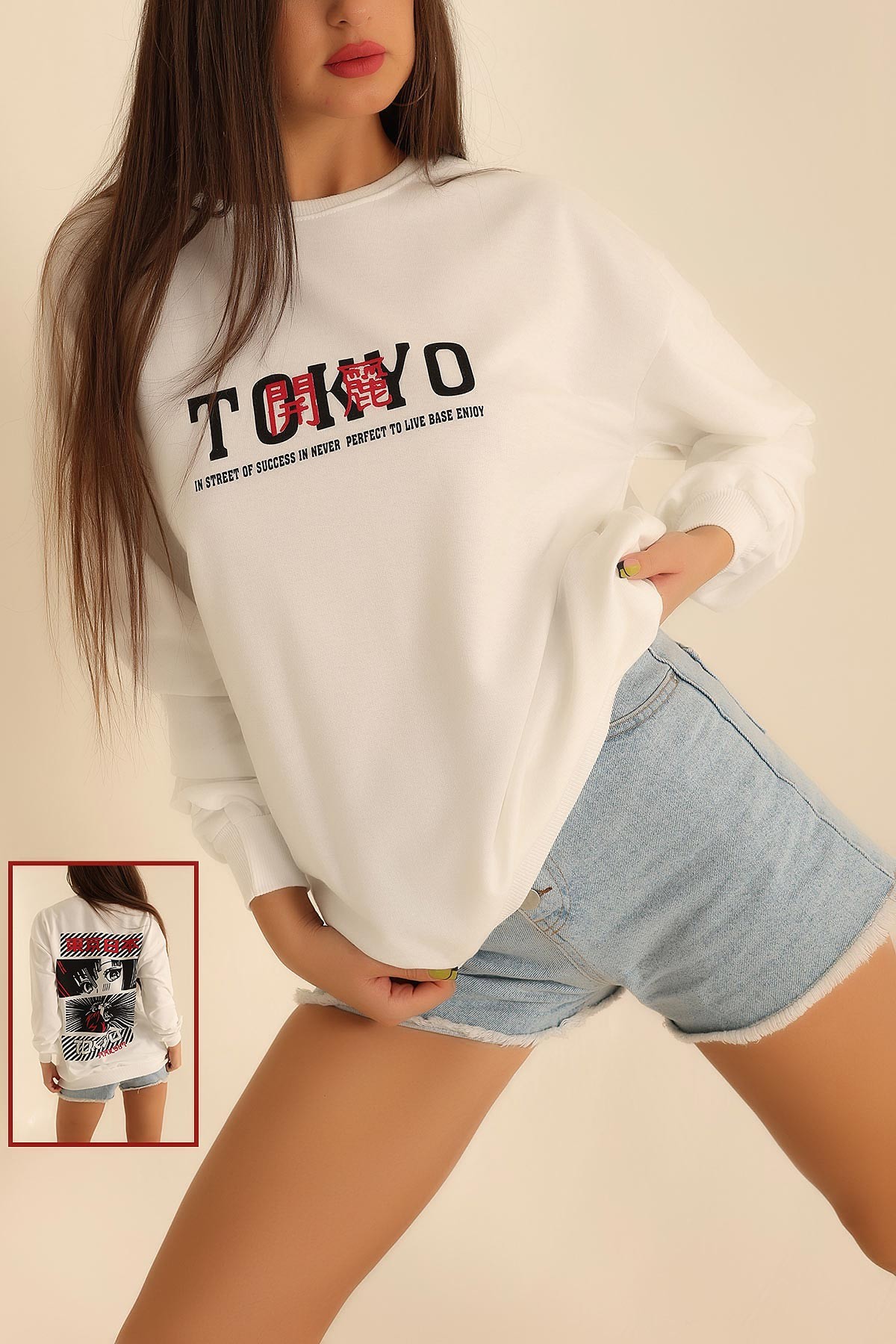 Beyaz İki İp Baskılı Oversize Sweat 199637