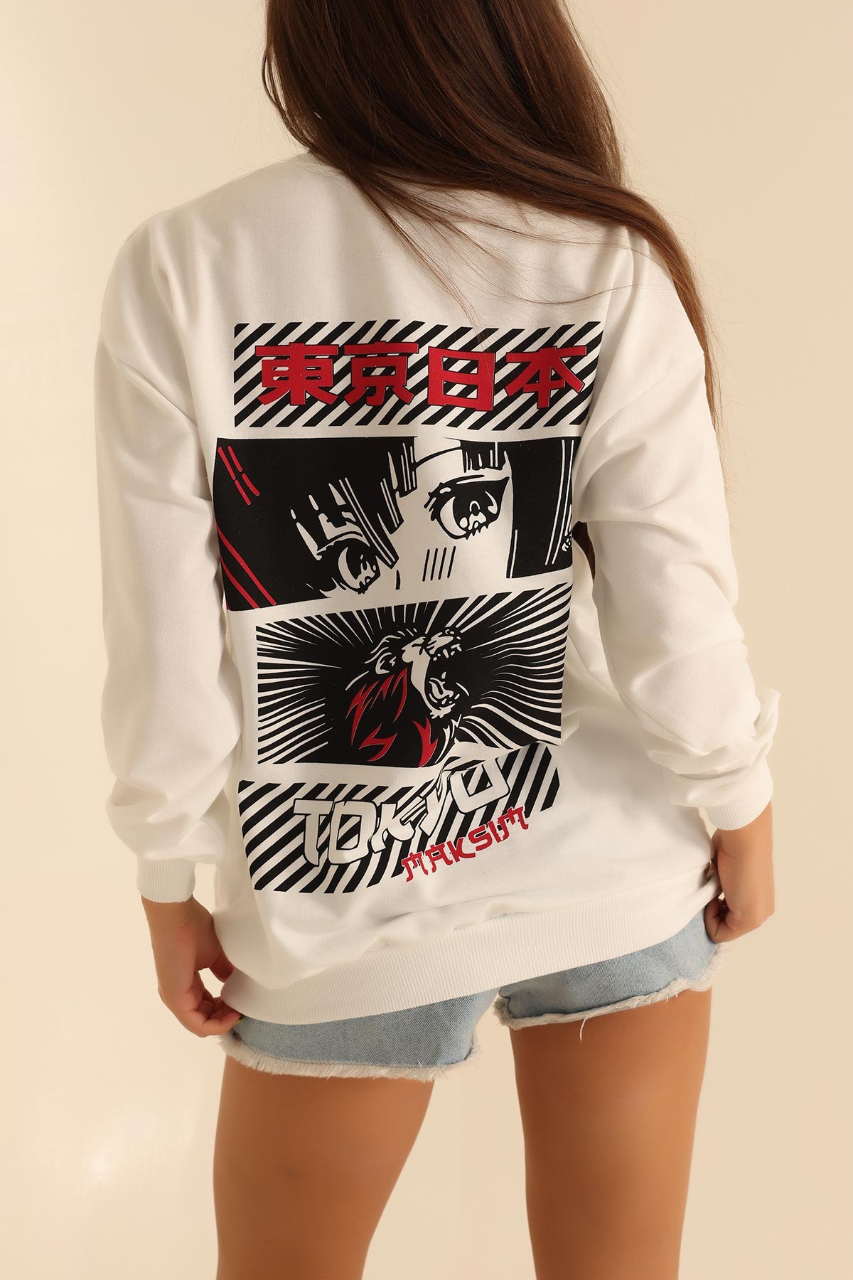Beyaz İki İp Baskılı Oversize Sweat 199637