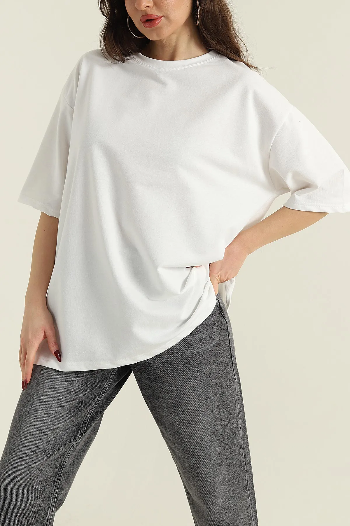 Beyaz İki İp Bisiklet Yaka Kadın Oversize Tişört 423915