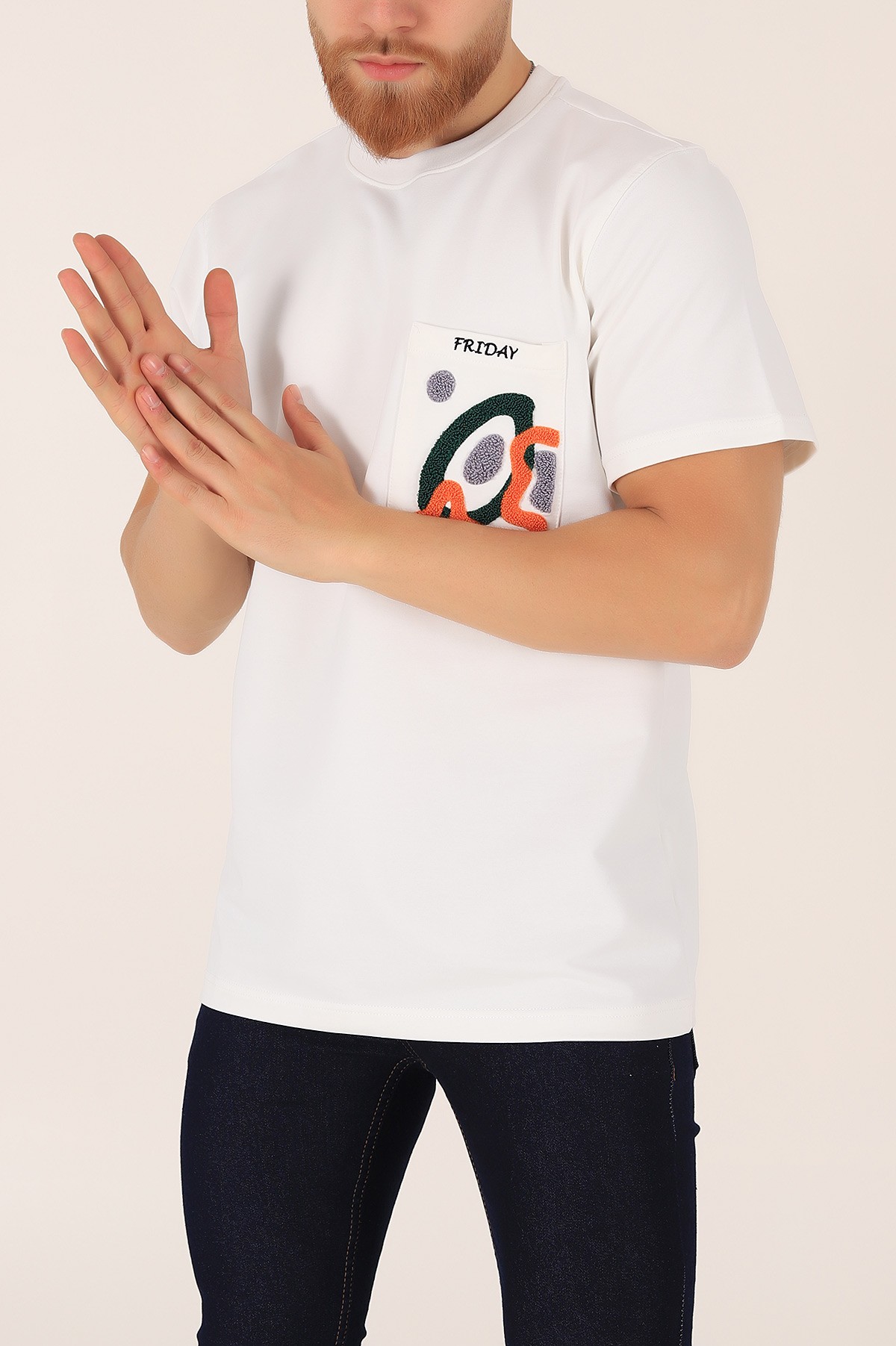 Beyaz İki İp İşlemeli Oversize Erkek Tişört 163748