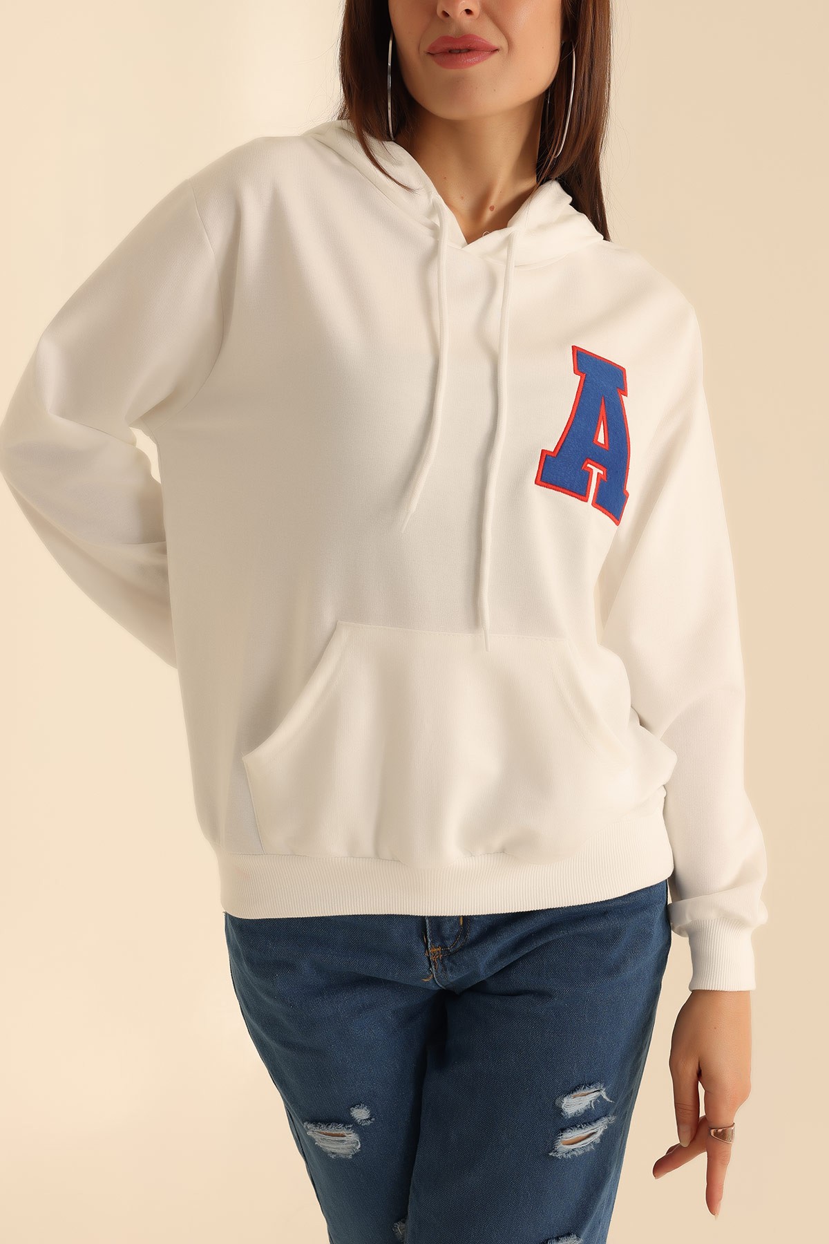 Beyaz İki İp Kapüşonlu Bayan Sweat 199567
