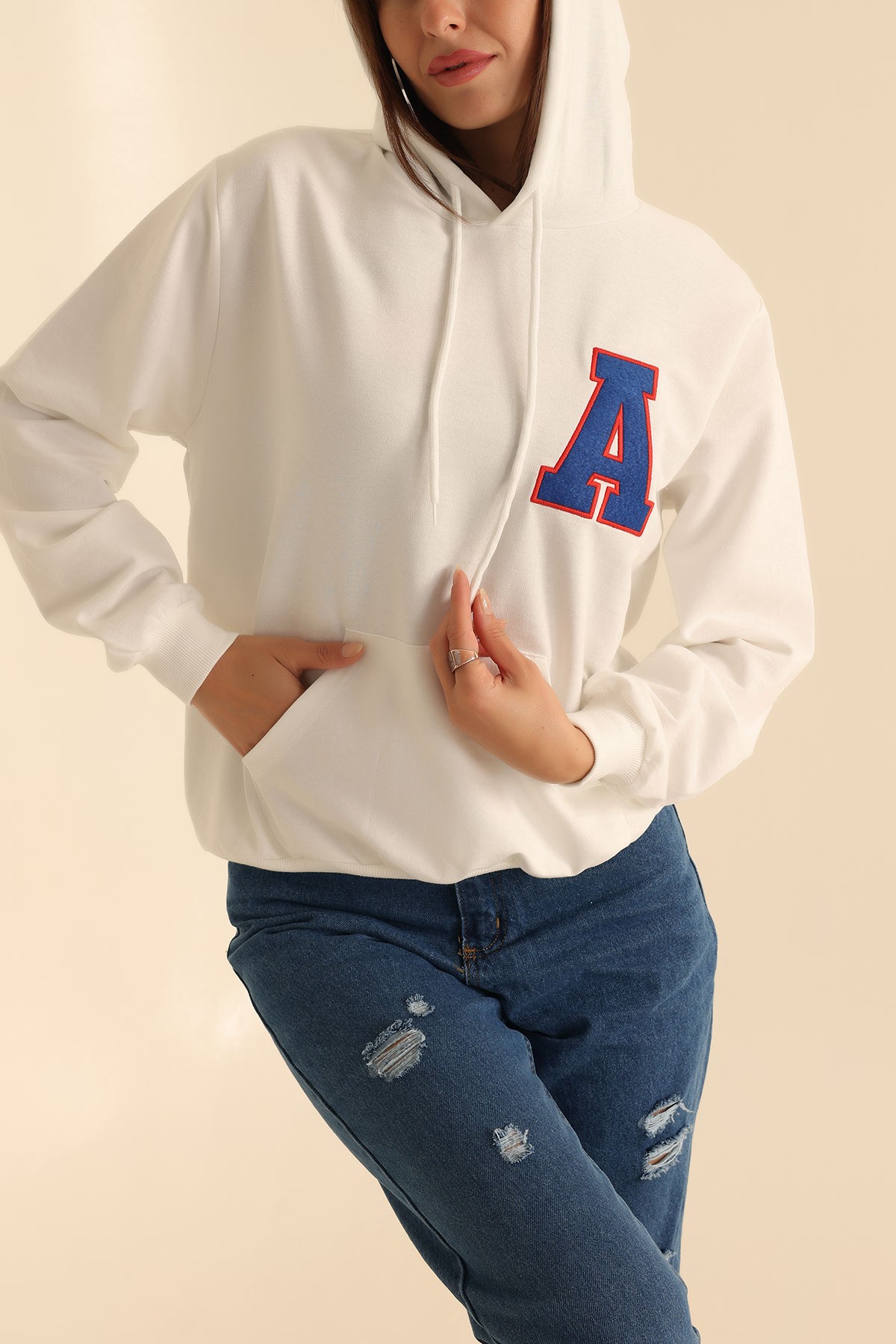 Beyaz İki İp Kapüşonlu Bayan Sweat 199567