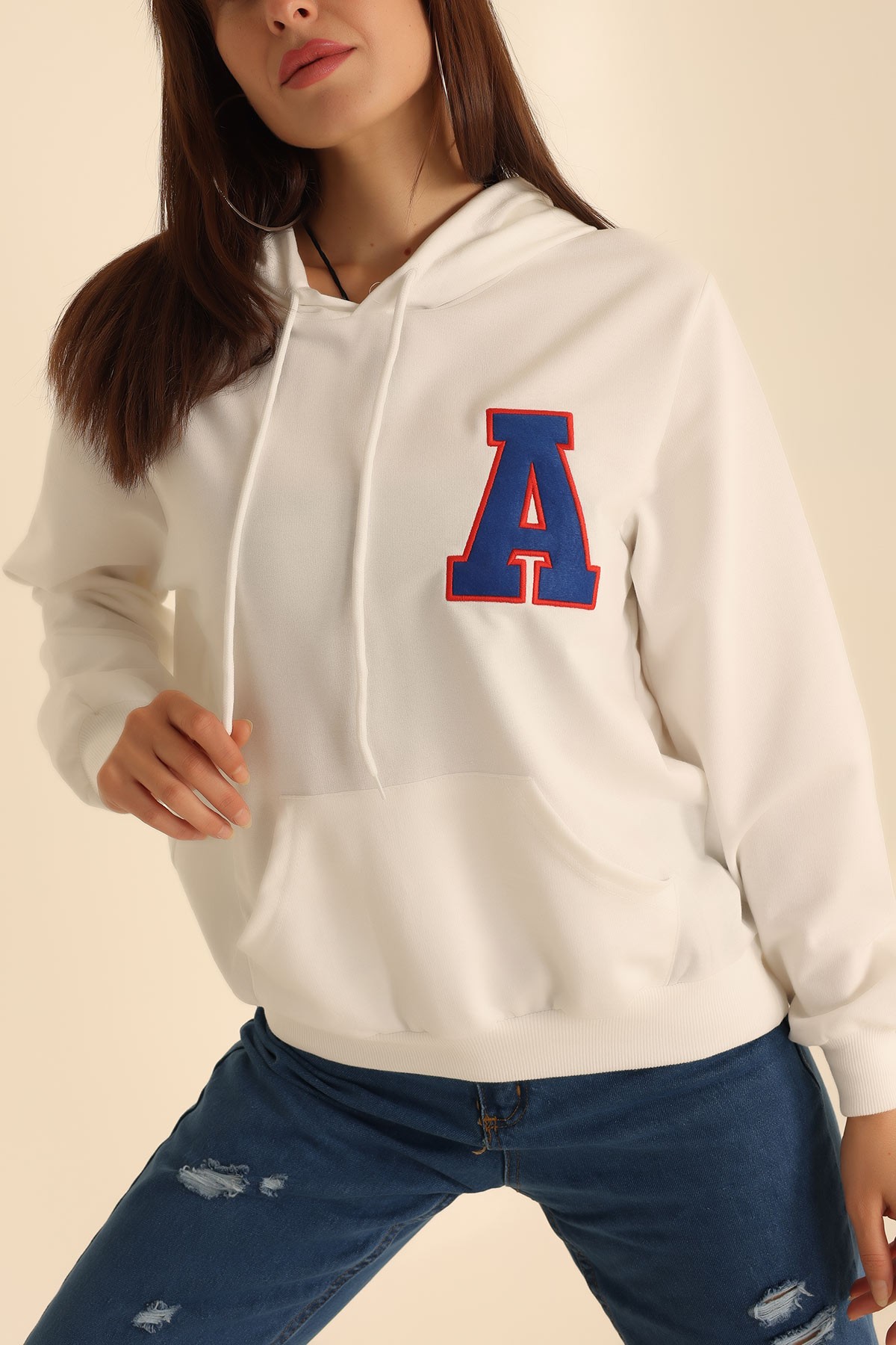 Beyaz İki İp Kapüşonlu Bayan Sweat 199567
