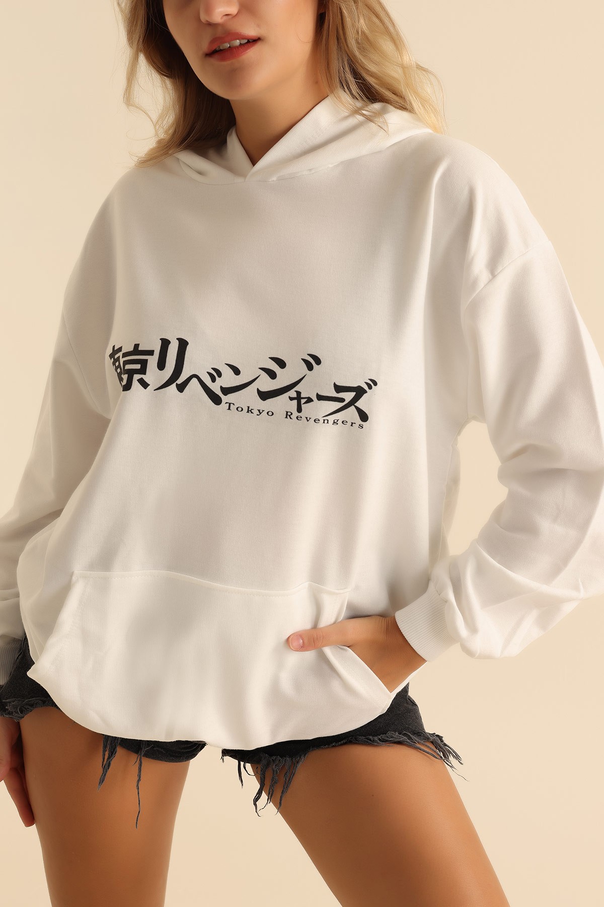 Beyaz İki İp Kapüşonlu Bayan Sweat 199593