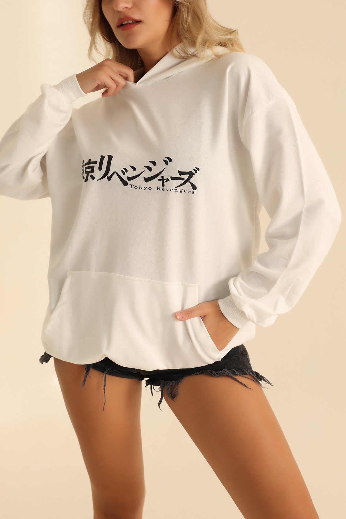 Beyaz İki İp Kapüşonlu Bayan Sweat 199593