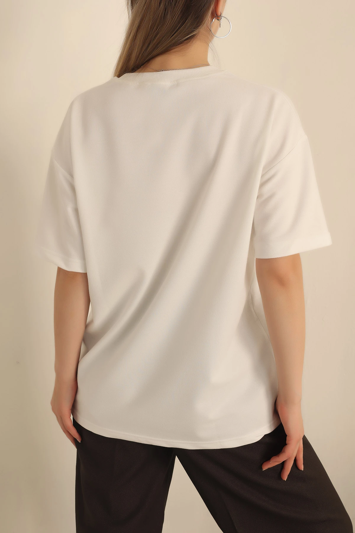 Beyaz İki İp Oversize Bayan Tişört 234382