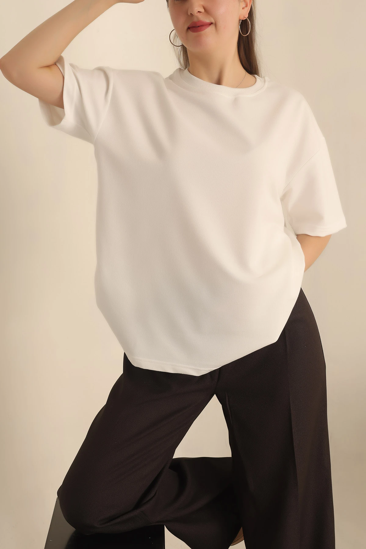 Beyaz İki İp Oversize Bayan Tişört 234382