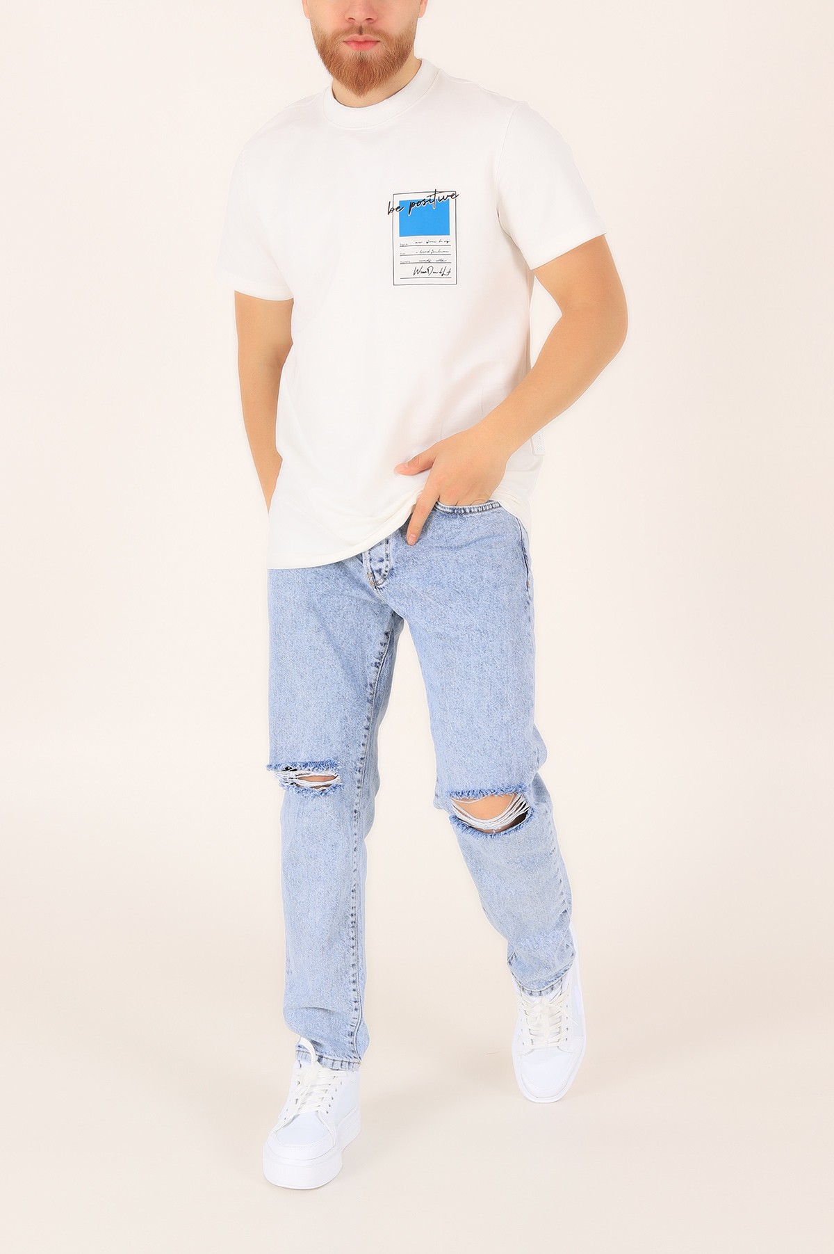 Beyaz İki İp Oversize Erkek Tişört 163559