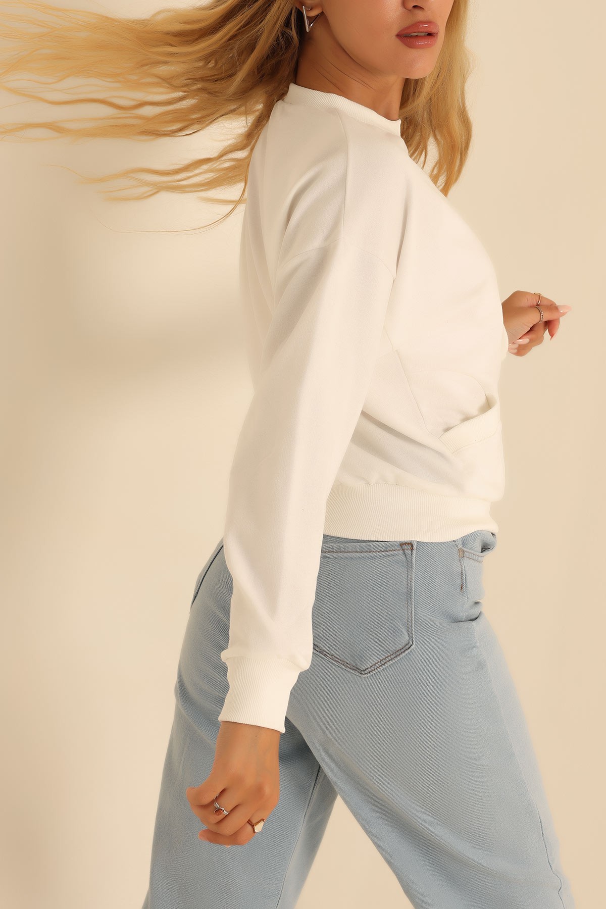 Beyaz İki İp Oversize Sweat 199715