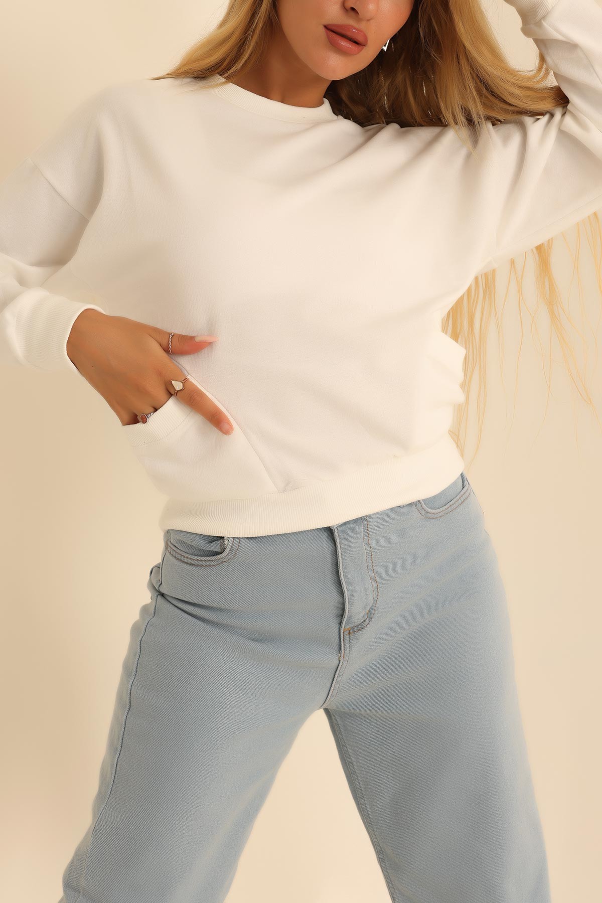Beyaz İki İp Oversize Sweat 199715
