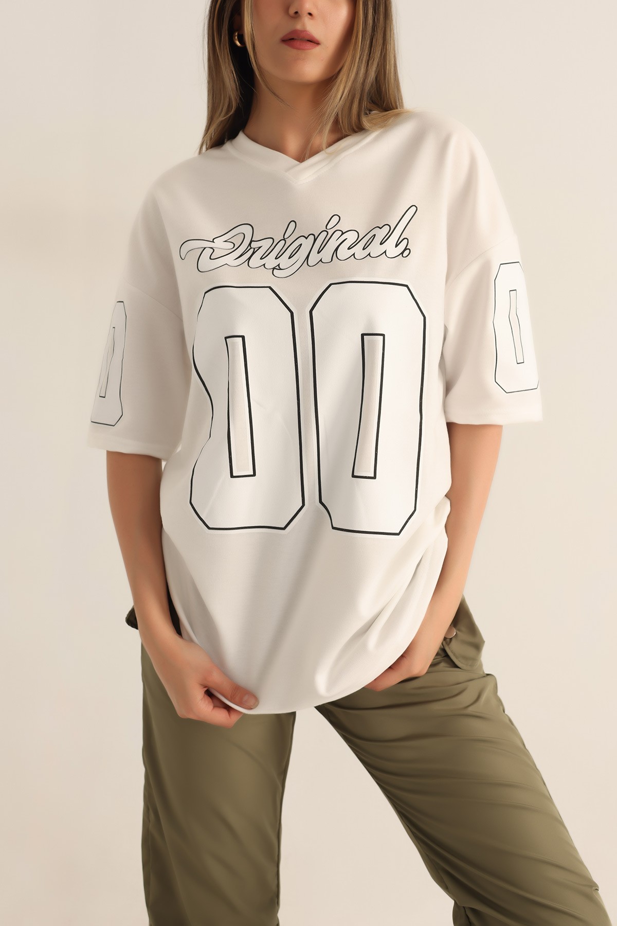 Beyaz İki İp Oversize Tişört 184775