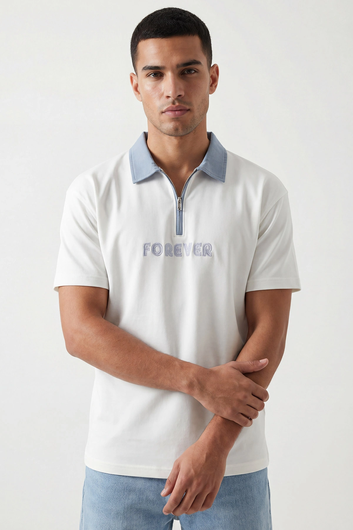 Beyaz İki İp Polo Yaka Yarım Fermuarlı Erkek Tişört 435199