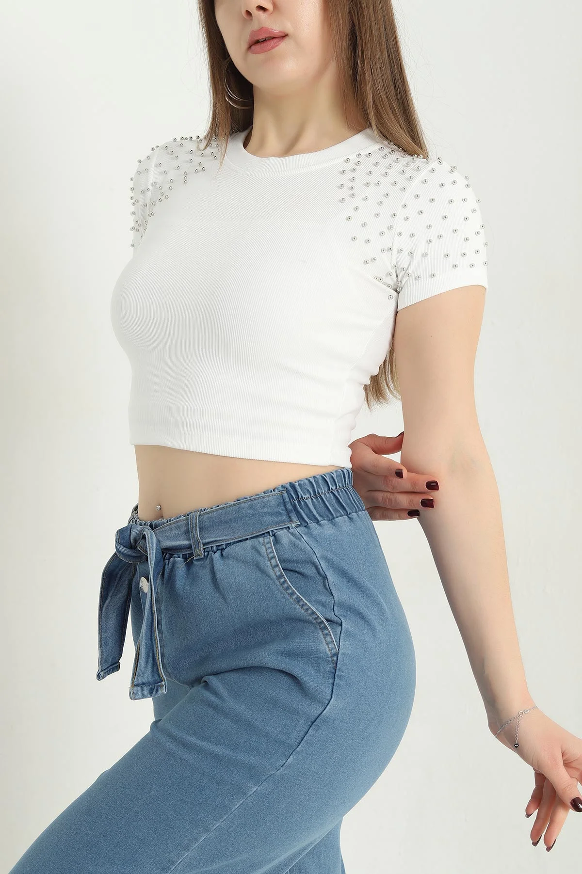 Beyaz İnci Detay Ottoman Bluz 340291