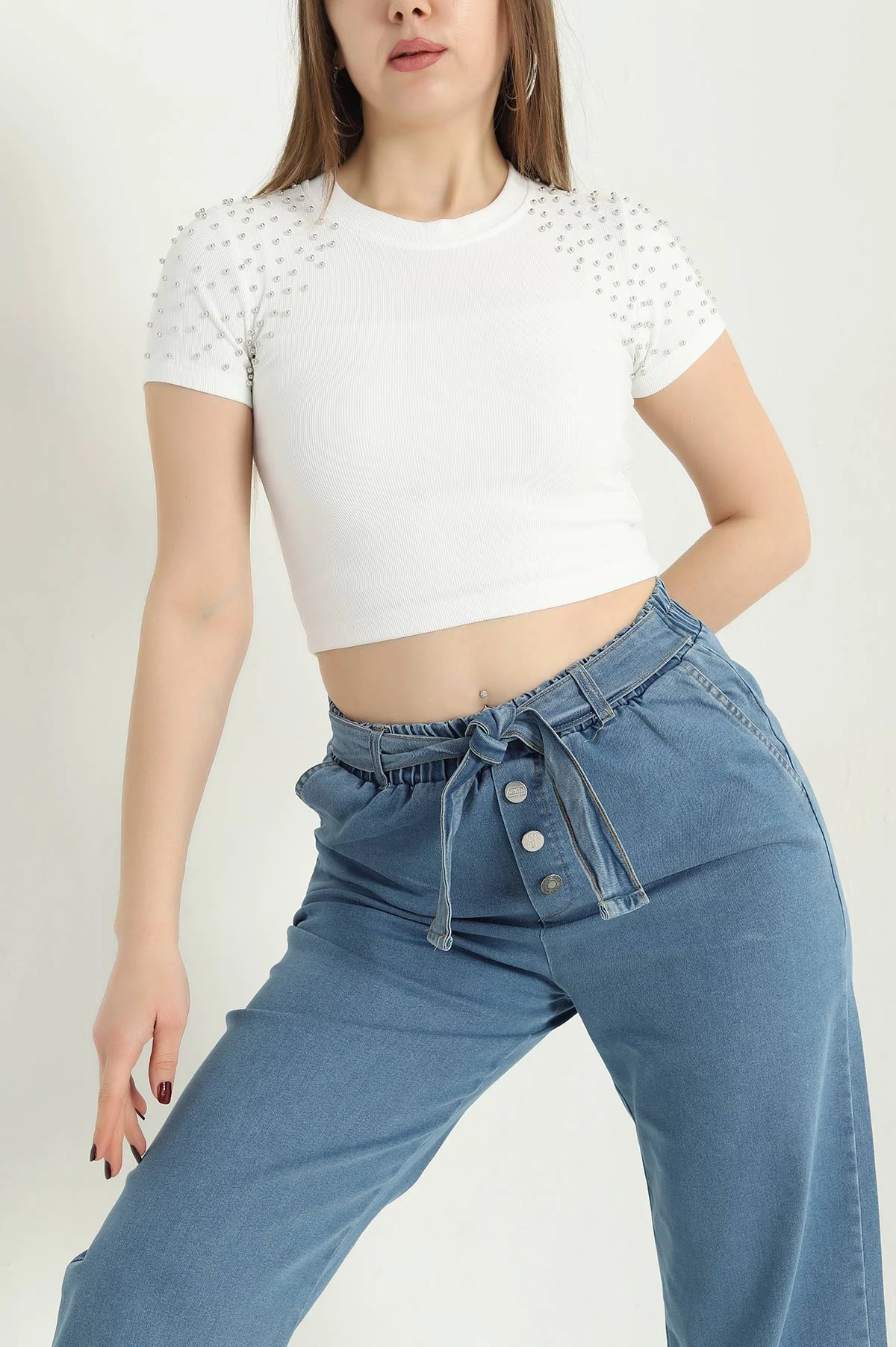 Beyaz İnci Detay Ottoman Bluz 340291