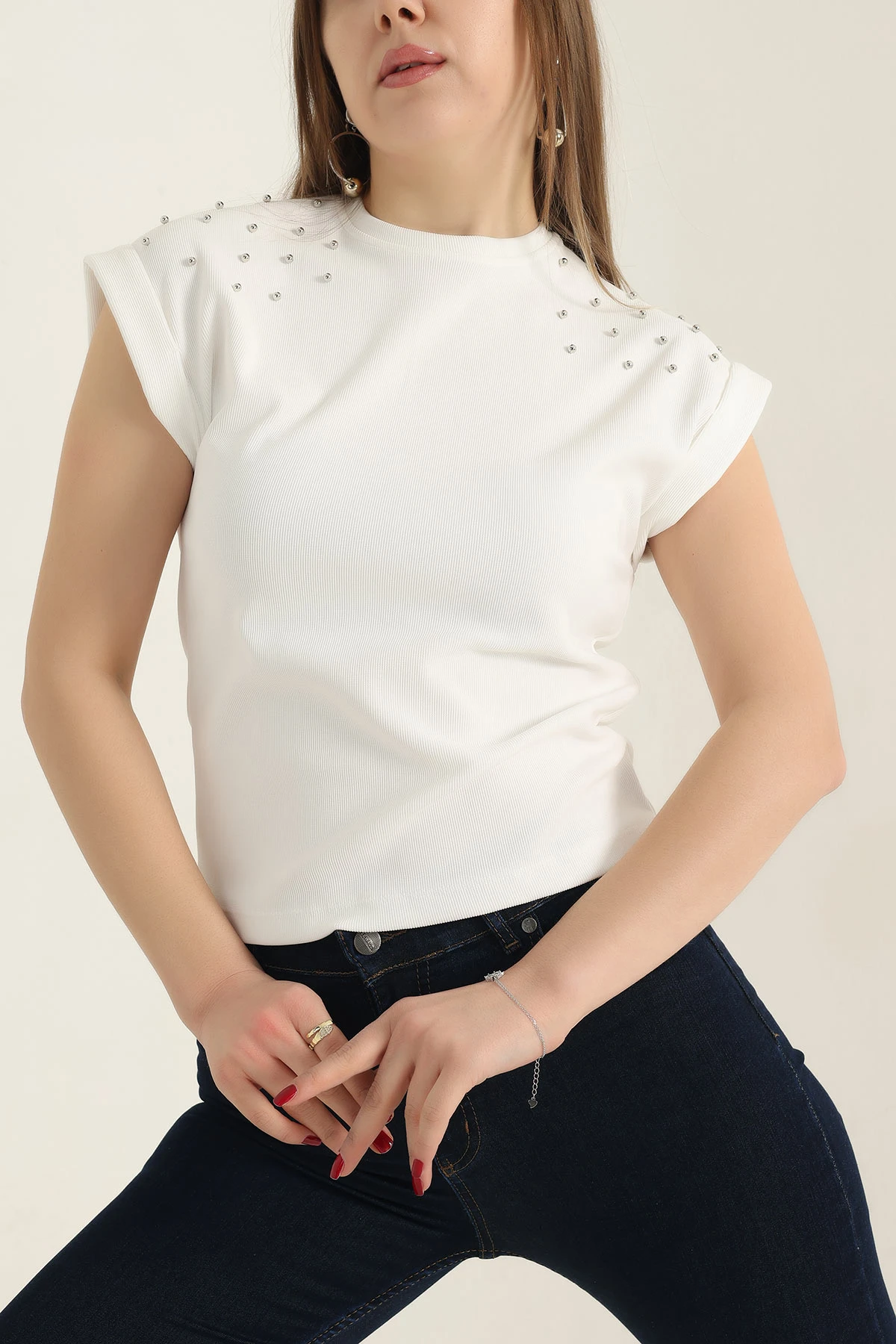 Beyaz İnci Detay Ottoman Likralı Bluz 337547