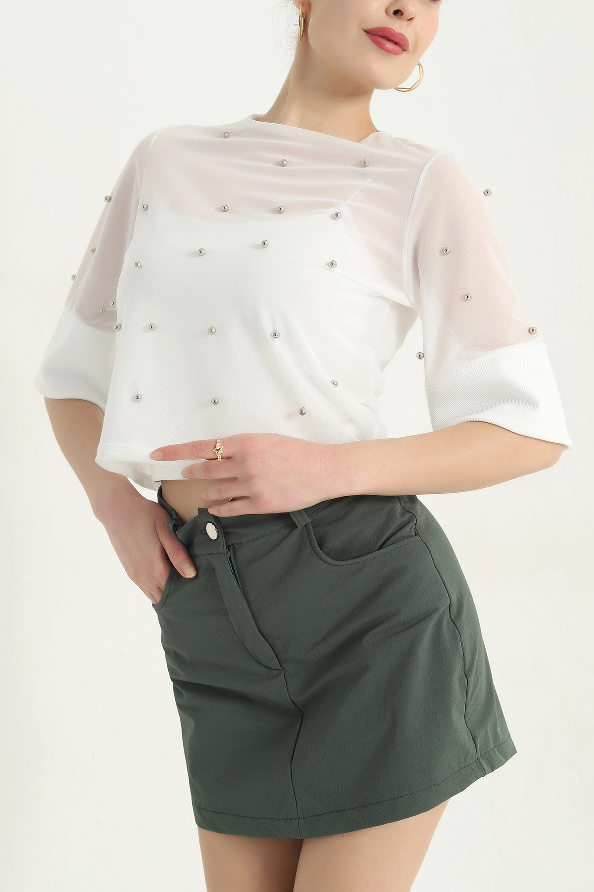 Beyaz İncili Tül Tasarım Bluz 345190