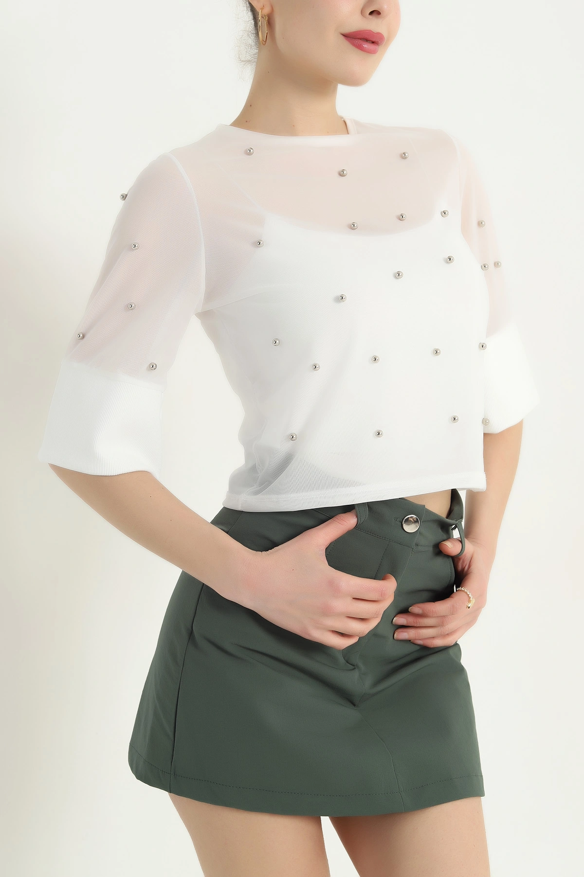 Beyaz İncili Tül Tasarım Bluz 345190