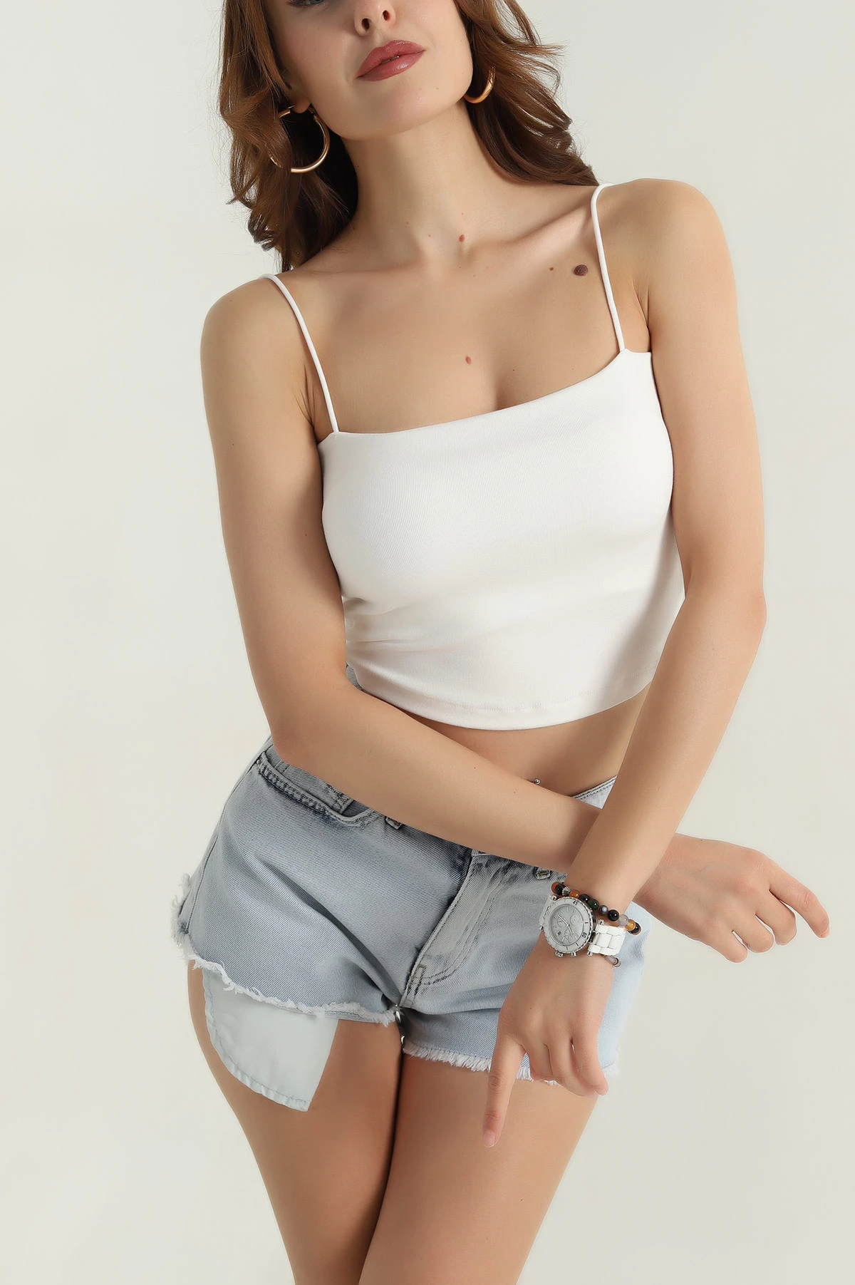 Beyaz İp Askılı Destekli Modal Kadın Crop 383090
