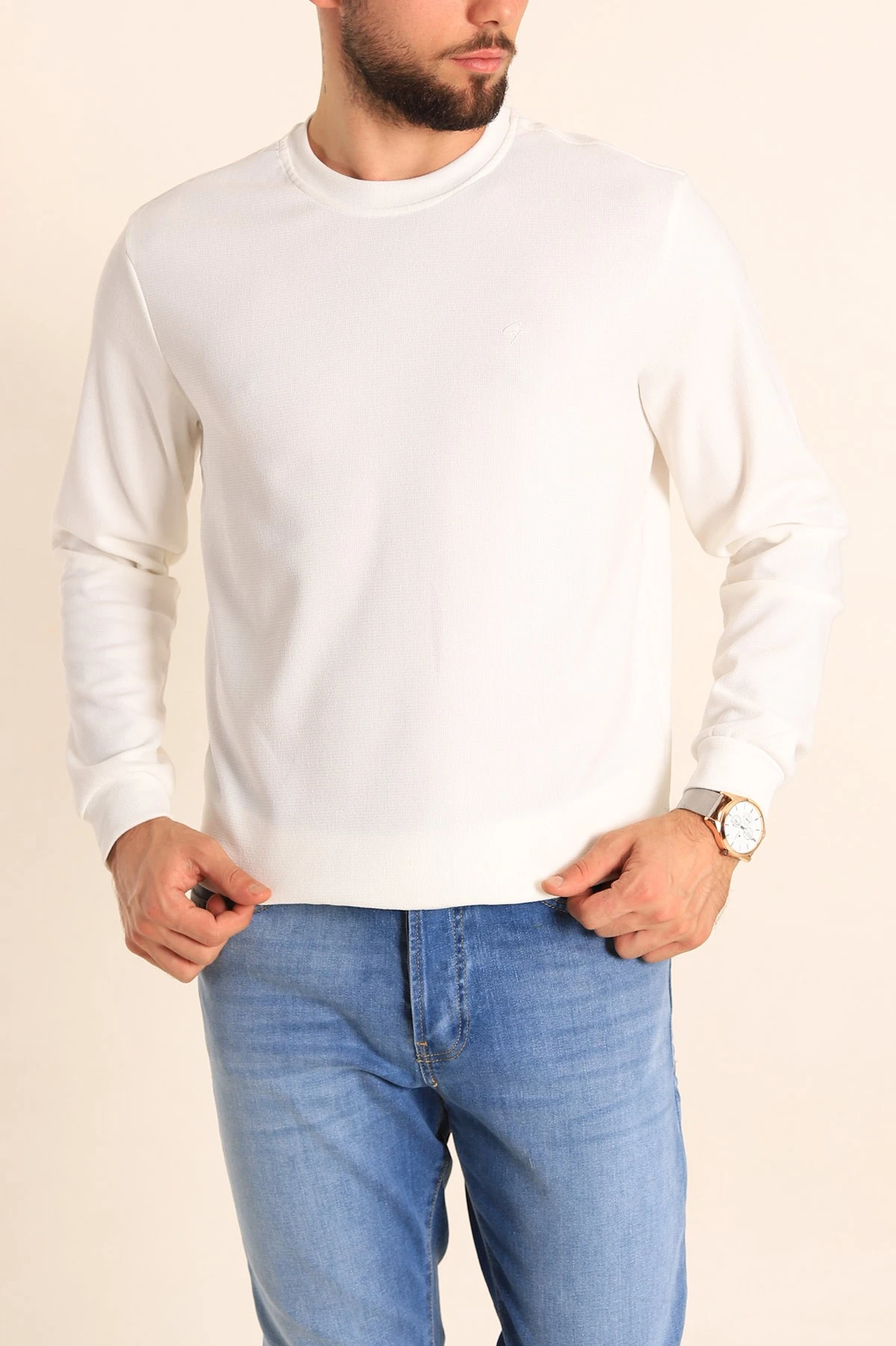 Beyaz Jakarlı Bisiklet Yaka Erkek Sweatshirt 236819