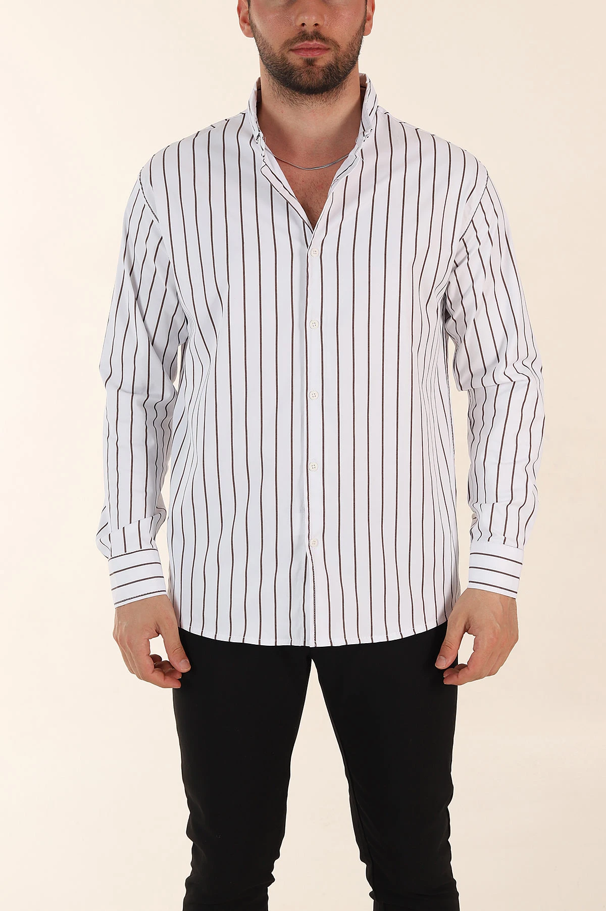 Beyaz Kahve Çizgili Regular Fit Ata Yaka Uzun Kollu Erkek Gömlek 369999