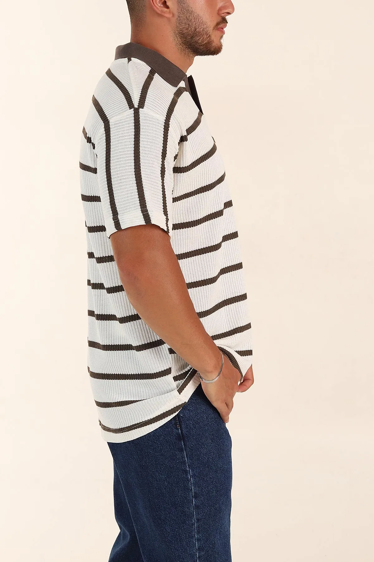 Beyaz Kahverengi Çizgili Oversize Polo Yaka Erkek Triko Tişört 269208