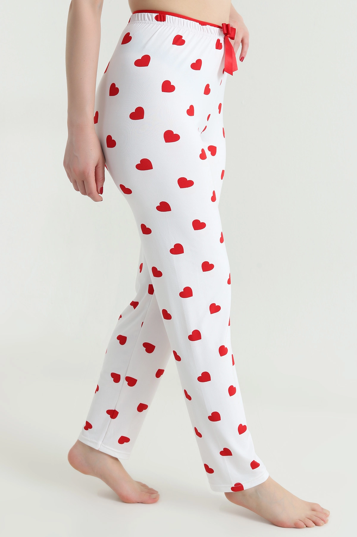 Beyaz Kalp Desenli Beli Lastikli Kadın Pijama Altı 466377