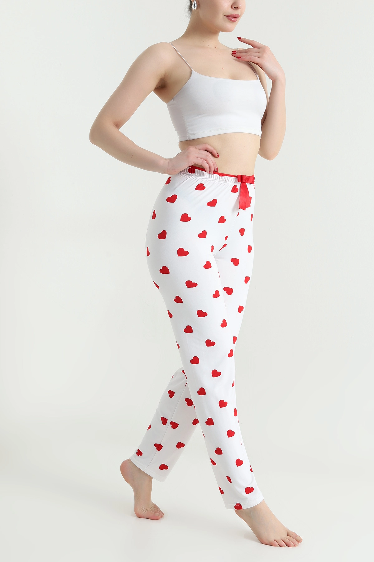 Beyaz Kalp Desenli Beli Lastikli Kadın Pijama Altı 466377