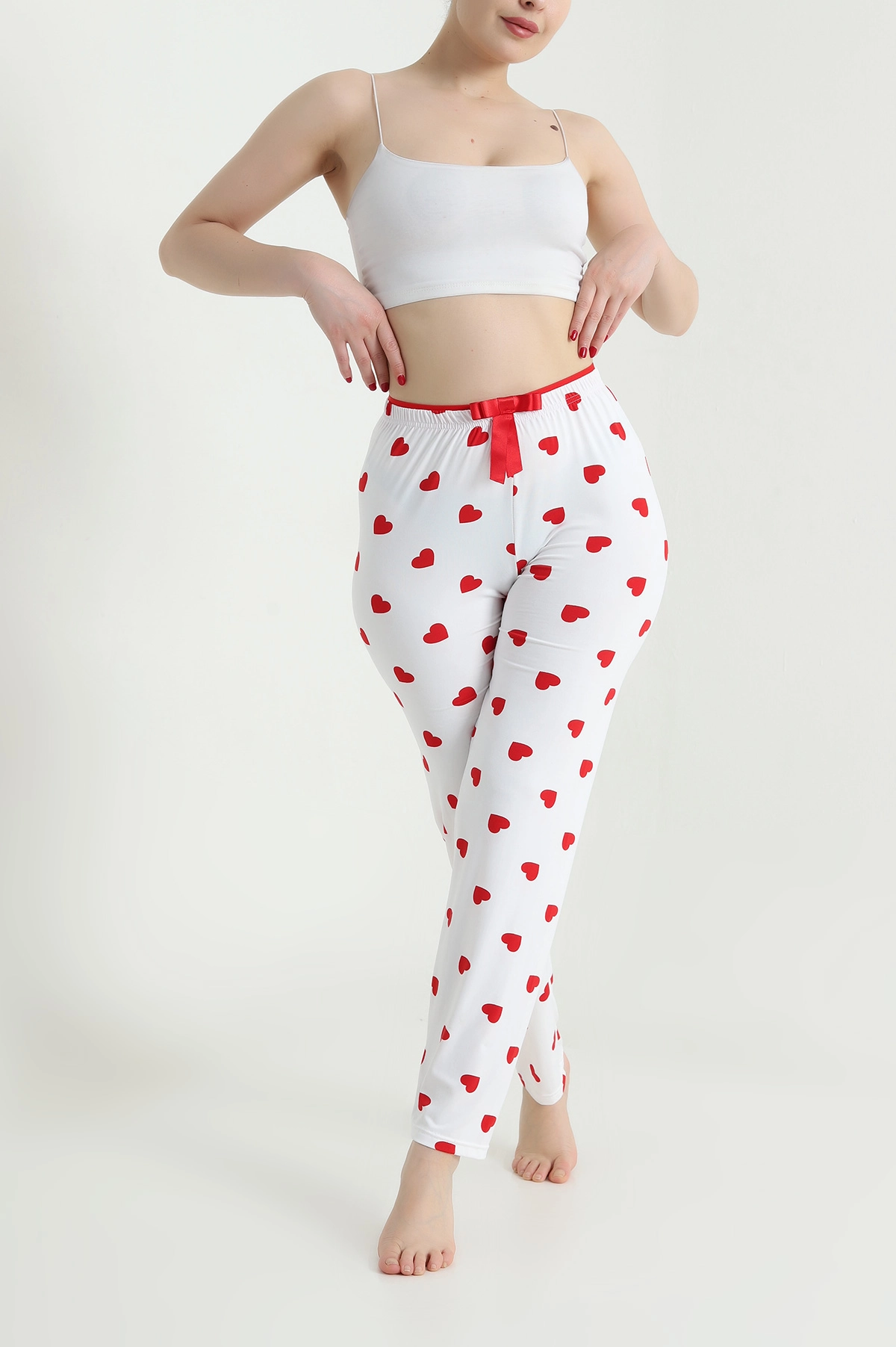 Beyaz Kalp Desenli Beli Lastikli Kadın Pijama Altı 466377