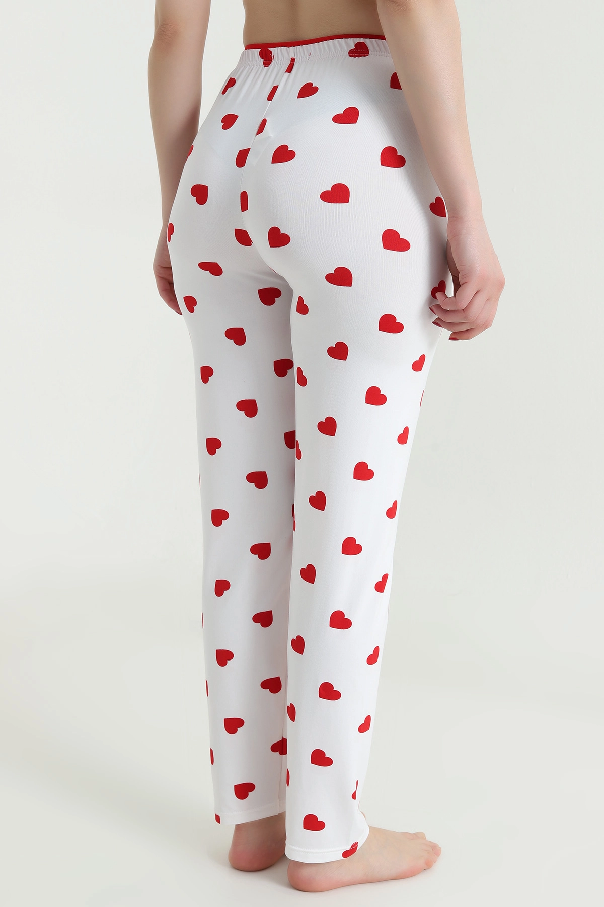 Beyaz Kalp Desenli Beli Lastikli Kadın Pijama Altı 466377