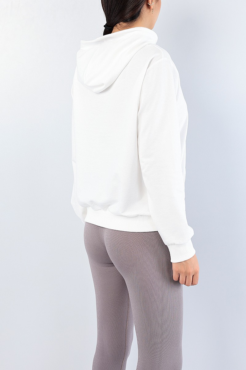 Beyaz Kanguru Cepli Bayan Sweat 76193