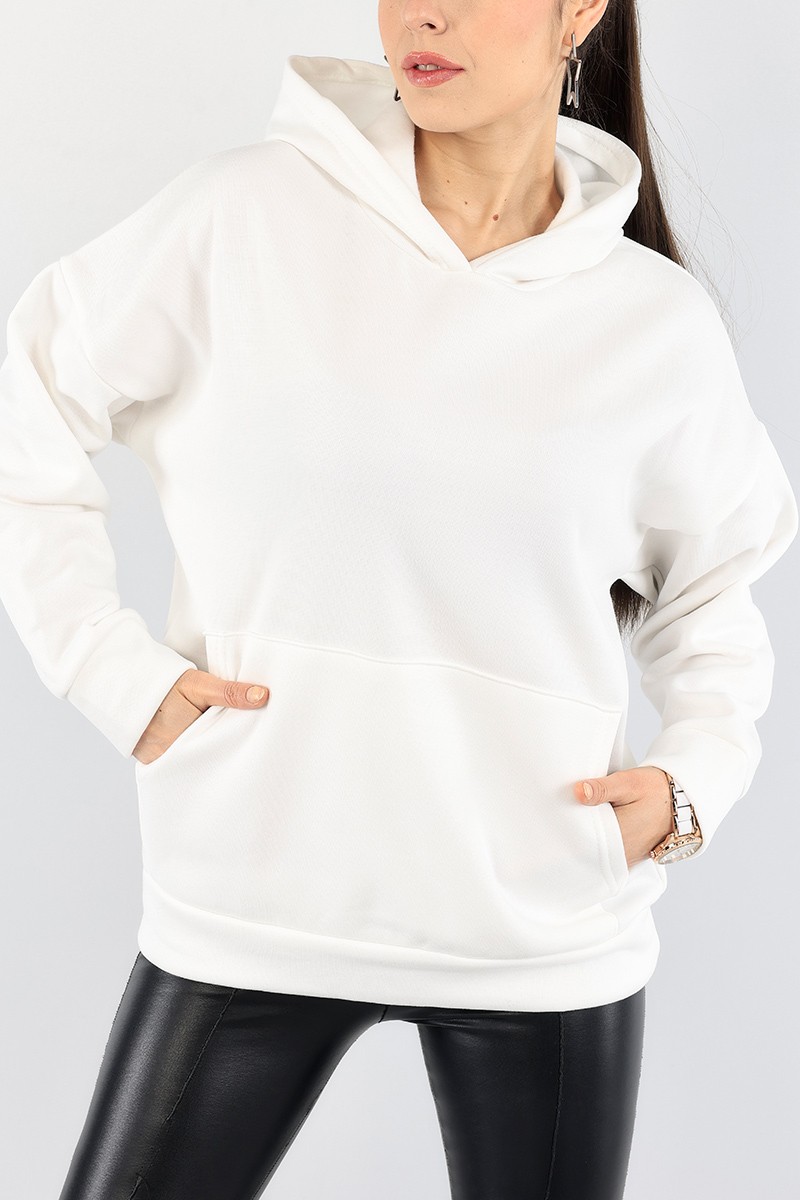 Beyaz Kanguru Cepli Şardonlu Bayan Sweat 91843