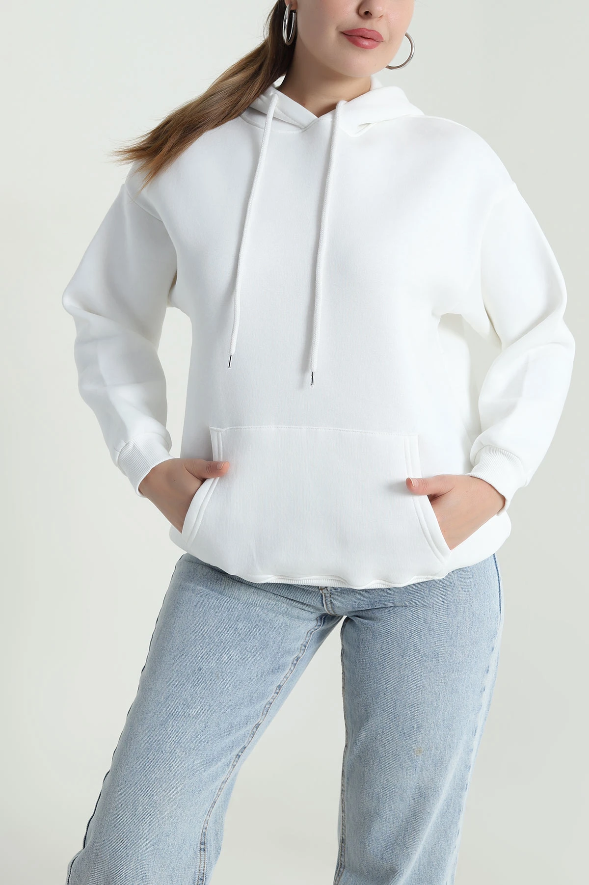 Beyaz Kapşonlu Şardonlu Üç İp Kadın Sweat 484981