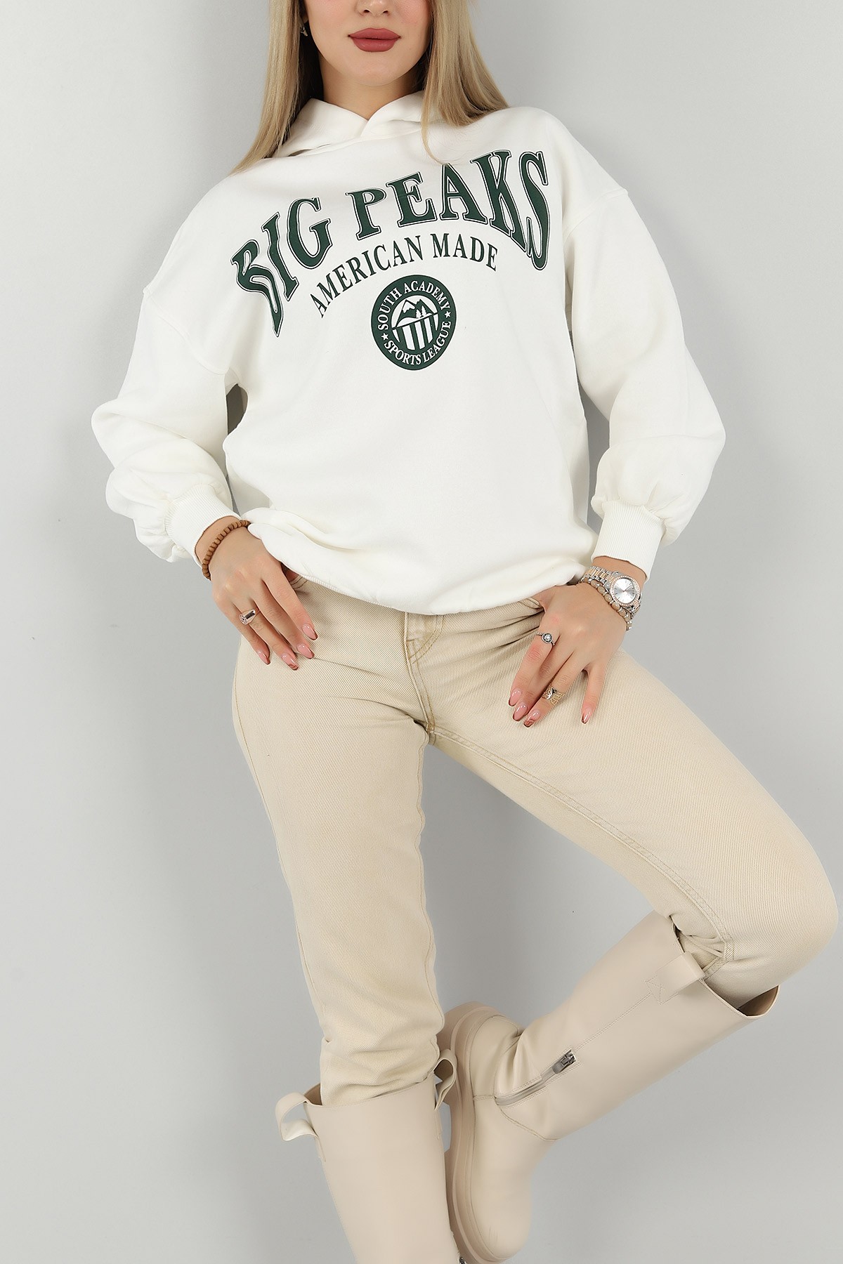 Beyaz Kapüşonlu İçi Şardonlu Bayan Sweat 144931