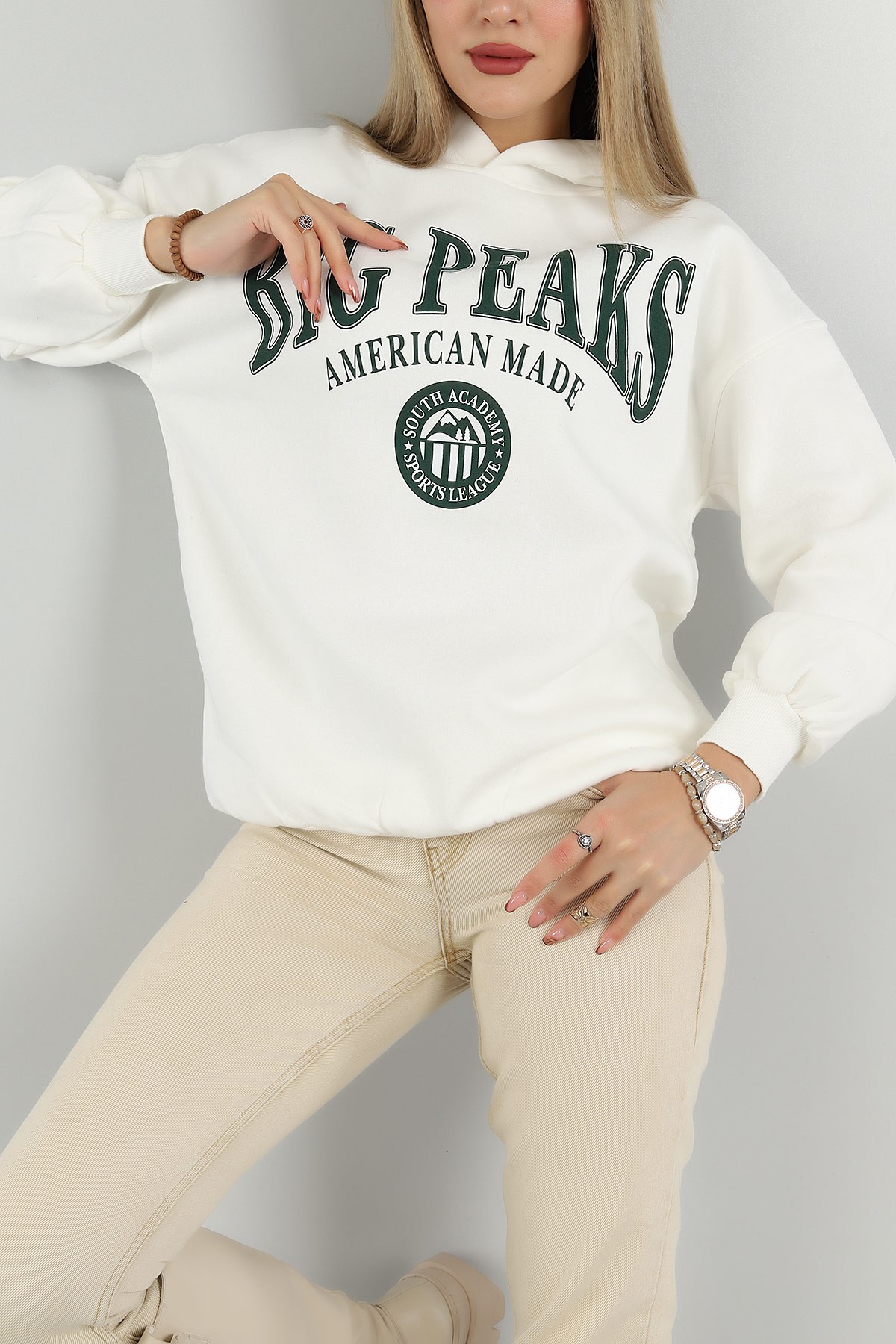 Beyaz Kapüşonlu İçi Şardonlu Bayan Sweat 144931