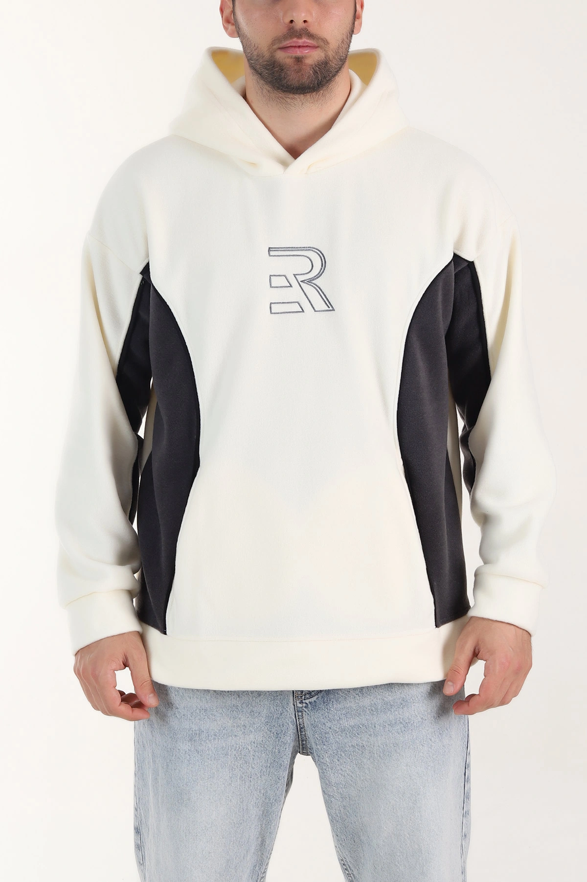 Beyaz Kapüşonlu Nakış Detaylı Erkek Sweatshirt 408761
