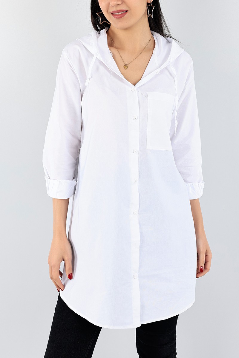 Beyaz Kapüşonlu Poplin Gömlek Tunik 96590