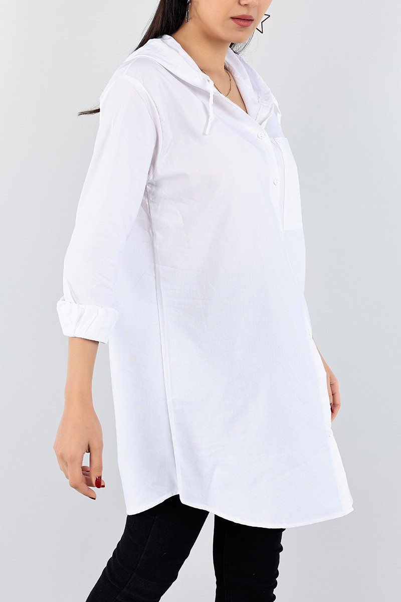 Beyaz Kapüşonlu Poplin Gömlek Tunik 96590