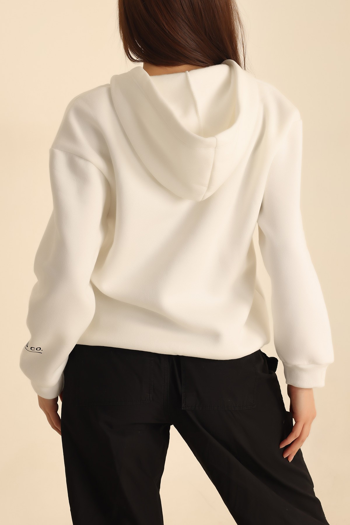 Beyaz Kapüşonlu Şardonlu Bayan Sweat 217689