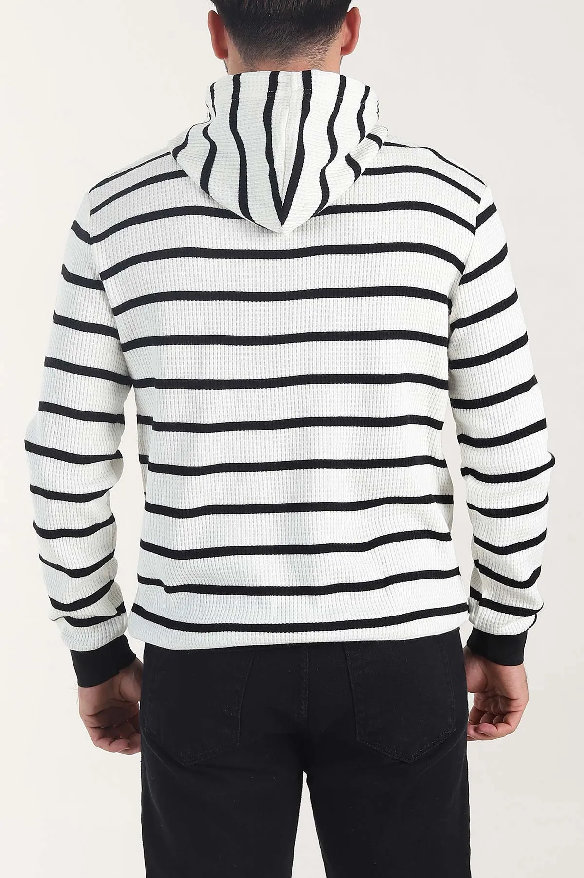 Beyaz Kapüşonlu Yazı Detaylı Çizgili Erkek Sweatshirt 407973