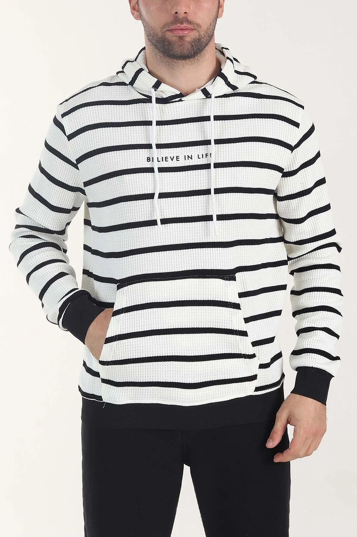 Beyaz Kapüşonlu Yazı Detaylı Çizgili Erkek Sweatshirt 407973