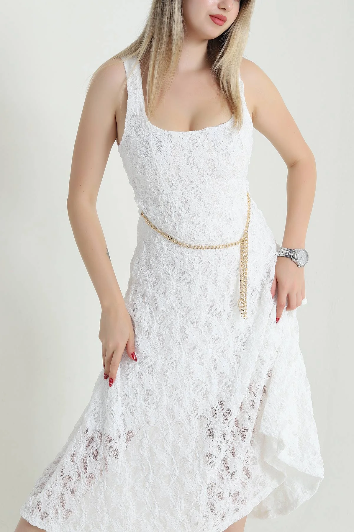 Beyaz Kare Yaka Astarlı Dantel Kadın Elbise 471434