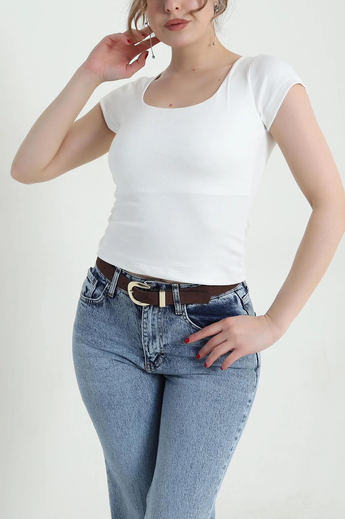 Beyaz Kare Yaka Oysho Kadın Tişört 459348