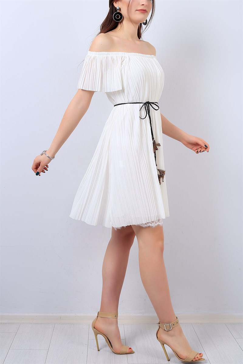Beyaz Kayık yaka Pileli Bayan Şifon Elbise 13894B